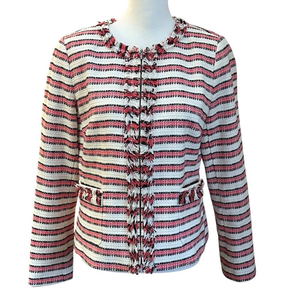 Talbots Jacket Women's Size 10 Striped Tweed‎ Jacket Blazer Pink White Black